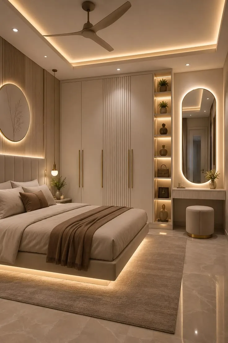Bedroom with a curved paneled headboard, full-height wardrobes and soft cove lighting