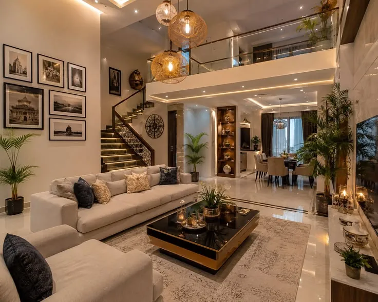Double-height living room with a staircase, lounge seating and warm accent lighting