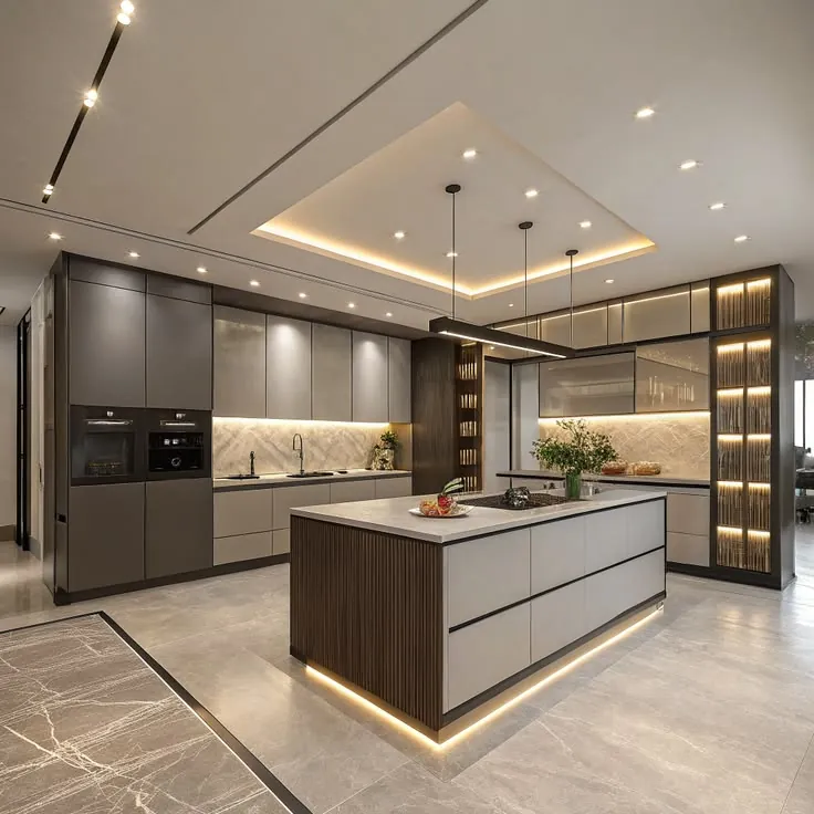 Modern modular kitchen with an island counter, tall units and warm under-cabinet lighting
